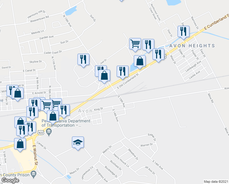 map of restaurants, bars, coffee shops, grocery stores, and more near 1442 East Cumberland Street in Lebanon