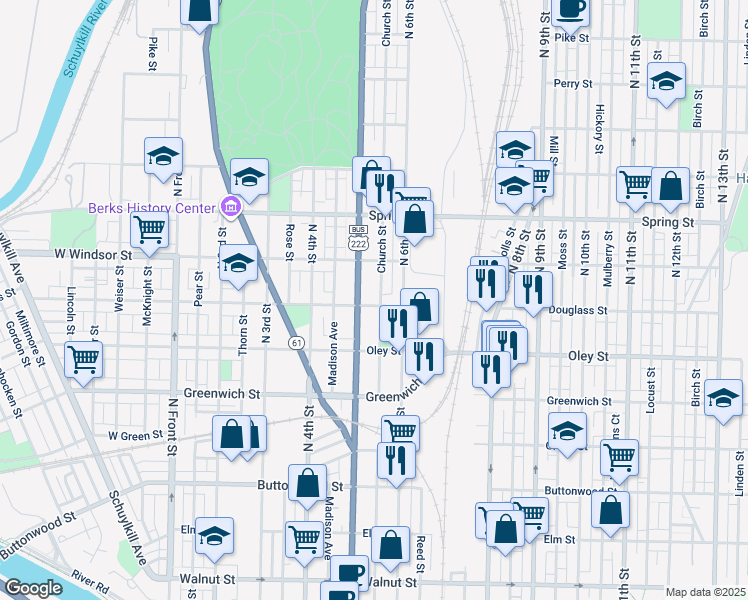 map of restaurants, bars, coffee shops, grocery stores, and more near 523 Douglass Street in Reading