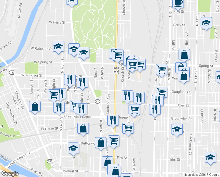 map of restaurants, bars, coffee shops, grocery stores, and more near 733 Madison Avenue in Reading