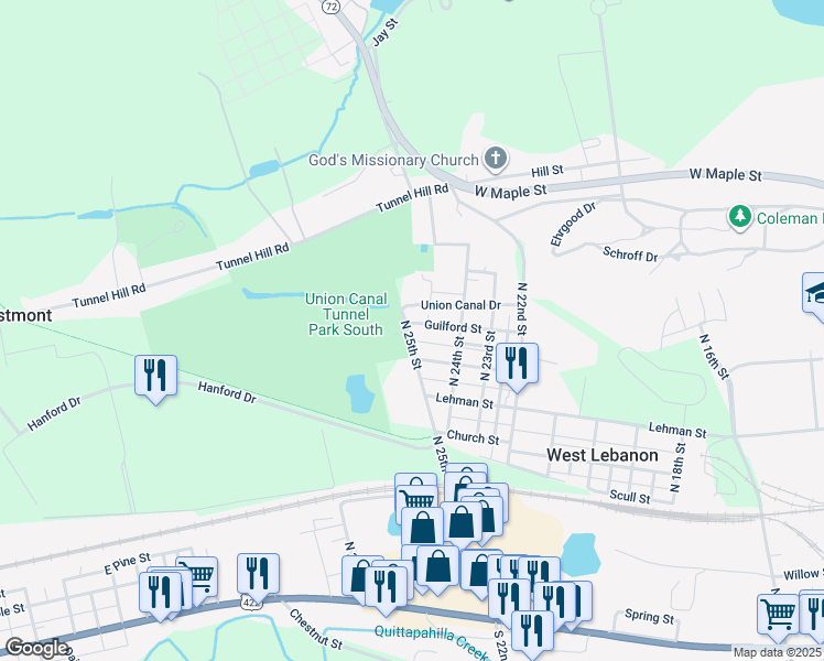 map of restaurants, bars, coffee shops, grocery stores, and more near 2417 Mifflin Street in Lebanon