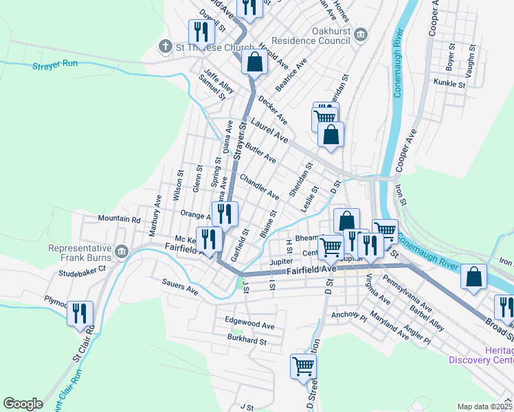 map of restaurants, bars, coffee shops, grocery stores, and more near 207 Garfield Street in Johnstown
