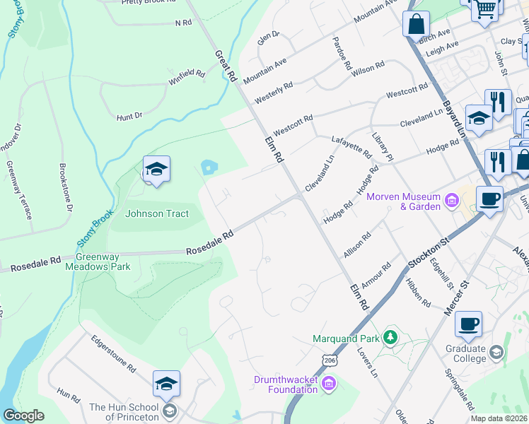 map of restaurants, bars, coffee shops, grocery stores, and more near 60 Constitution Hill West in Princeton