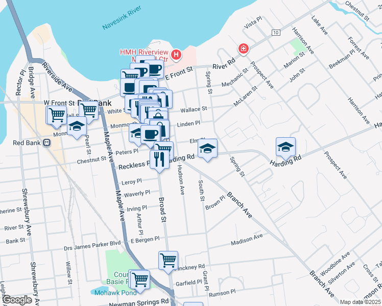 map of restaurants, bars, coffee shops, grocery stores, and more near 17 Branch Avenue in Red Bank