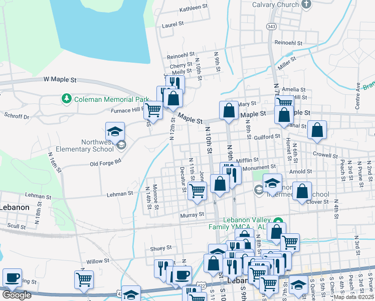 map of restaurants, bars, coffee shops, grocery stores, and more near 541 North 11th Street in Lebanon