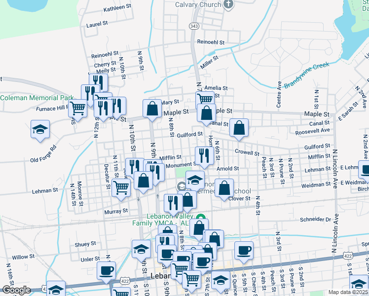 map of restaurants, bars, coffee shops, grocery stores, and more near 426 North 8th Street in Lebanon