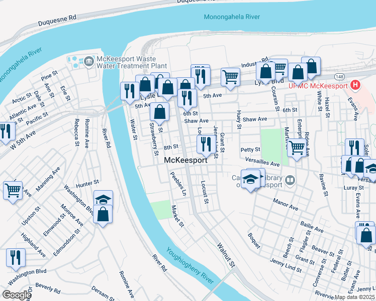 map of restaurants, bars, coffee shops, grocery stores, and more near in McKeesport