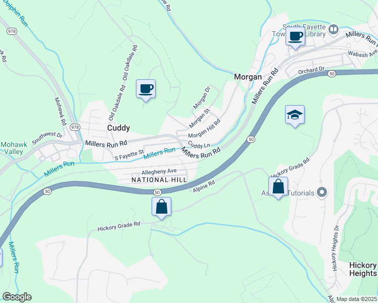 map of restaurants, bars, coffee shops, grocery stores, and more near 600 Millers Run Road in Morgan