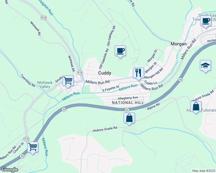 map of restaurants, bars, coffee shops, grocery stores, and more near 53 South Fayette Street in Cuddy
