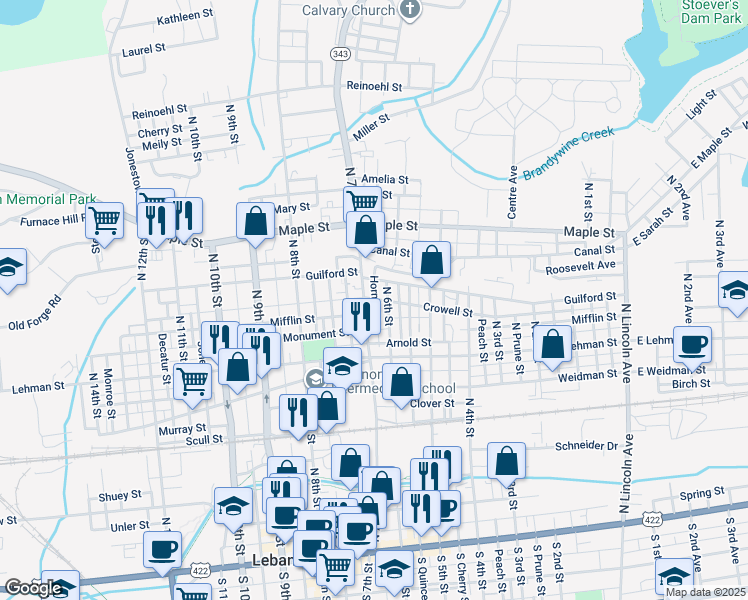 map of restaurants, bars, coffee shops, grocery stores, and more near 618 Crowell Street in Lebanon