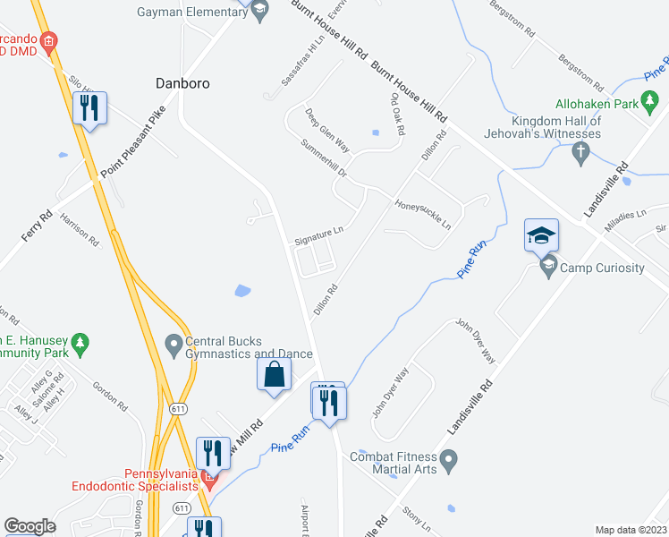 map of restaurants, bars, coffee shops, grocery stores, and more near 4036 Redbud Circle in Doylestown