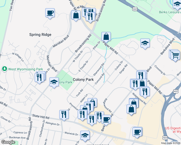 map of restaurants, bars, coffee shops, grocery stores, and more near 1653 Sherwood Road in Reading