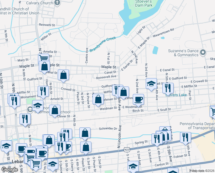 map of restaurants, bars, coffee shops, grocery stores, and more near 38 Mifflin Street in Lebanon