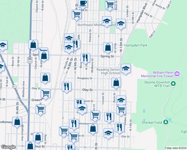 map of restaurants, bars, coffee shops, grocery stores, and more near 815 Mulberry Street in Reading