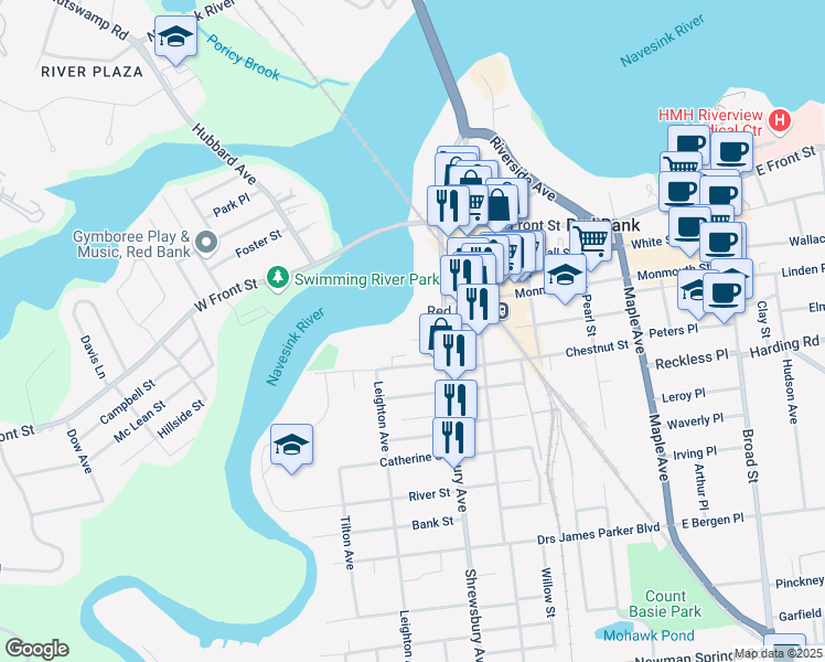 map of restaurants, bars, coffee shops, grocery stores, and more near 24 Locust Avenue in Red Bank