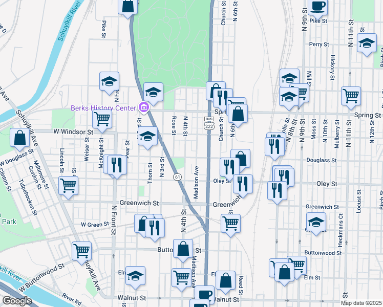 map of restaurants, bars, coffee shops, grocery stores, and more near 411 Douglass Street in Reading