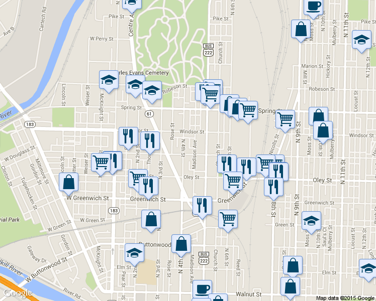 map of restaurants, bars, coffee shops, grocery stores, and more near 733 Madison Avenue in Reading