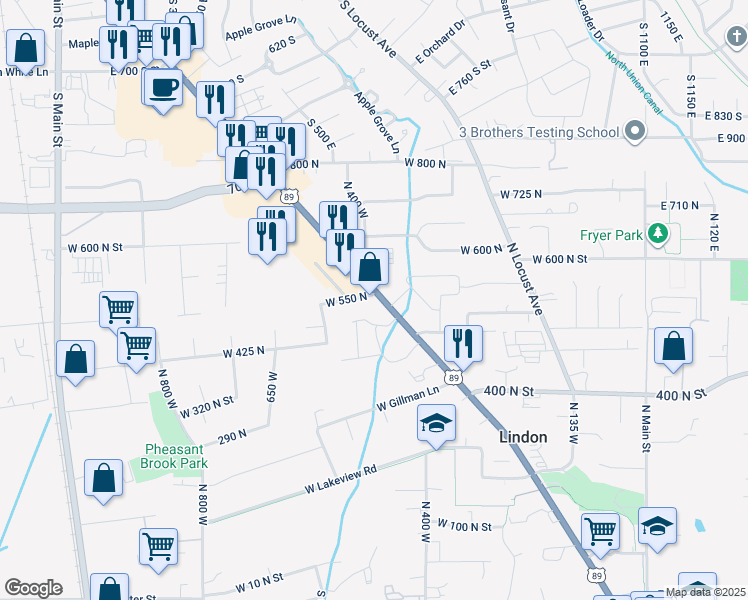 map of restaurants, bars, coffee shops, grocery stores, and more near 550 North State Street in Lindon