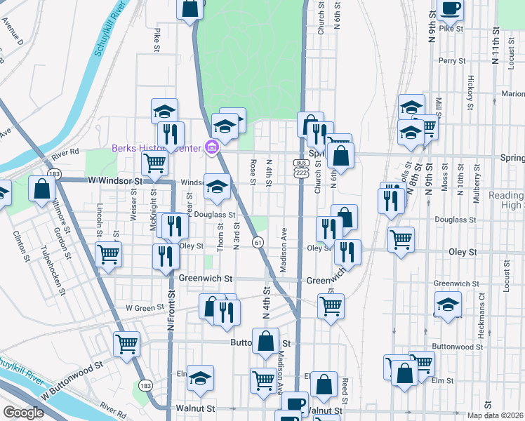 map of restaurants, bars, coffee shops, grocery stores, and more near 725 Centre Avenue in Reading