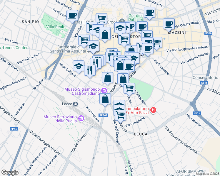 map of restaurants, bars, coffee shops, grocery stores, and more near Vicolo Nohi in Lecce