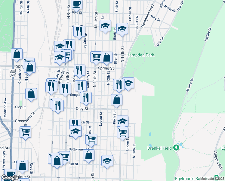 map of restaurants, bars, coffee shops, grocery stores, and more near 1208 Windsor Street in Reading