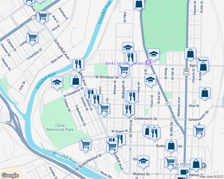 map of restaurants, bars, coffee shops, grocery stores, and more near 215 West Douglass Street in Reading