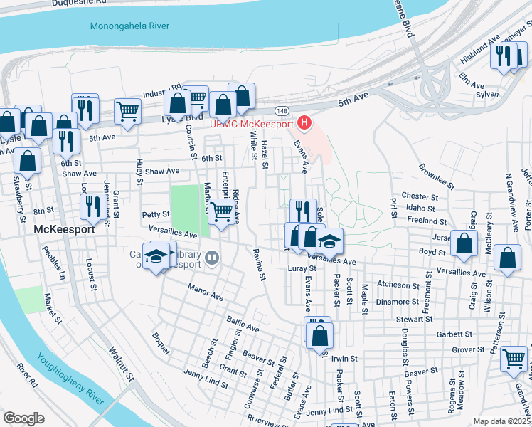 map of restaurants, bars, coffee shops, grocery stores, and more near 729 White Street in McKeesport
