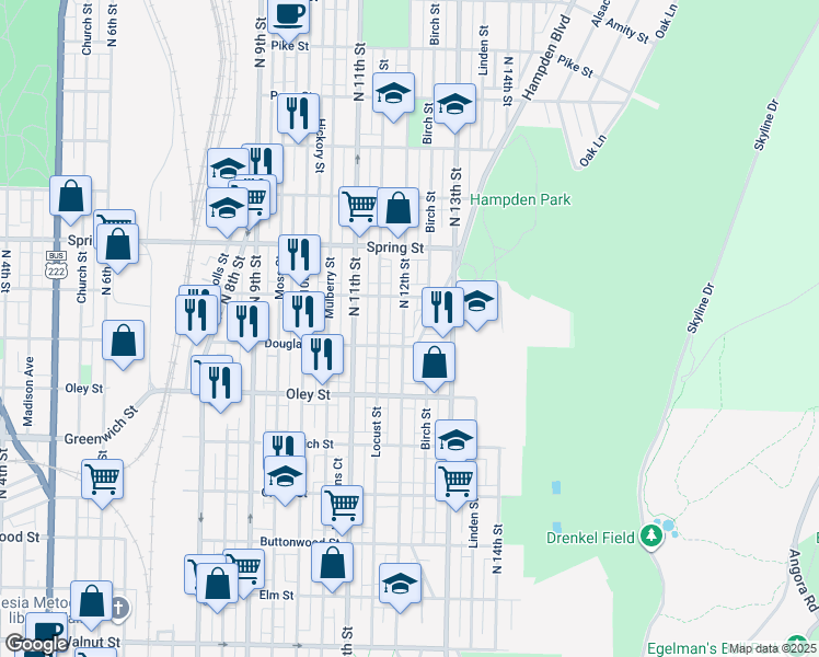 map of restaurants, bars, coffee shops, grocery stores, and more near 1208 Windsor Street in Reading