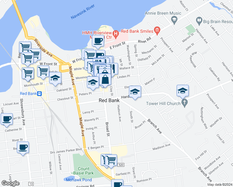 map of restaurants, bars, coffee shops, grocery stores, and more near 22 Hudson Avenue in Red Bank