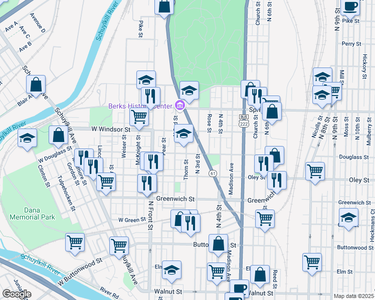 map of restaurants, bars, coffee shops, grocery stores, and more near 837 North 2nd Street in Reading