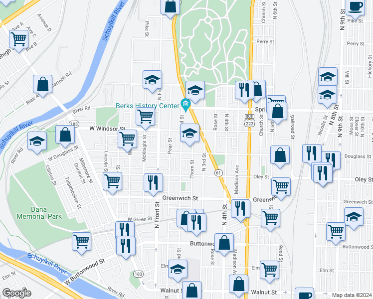 map of restaurants, bars, coffee shops, grocery stores, and more near 837 North 2nd Street in Reading