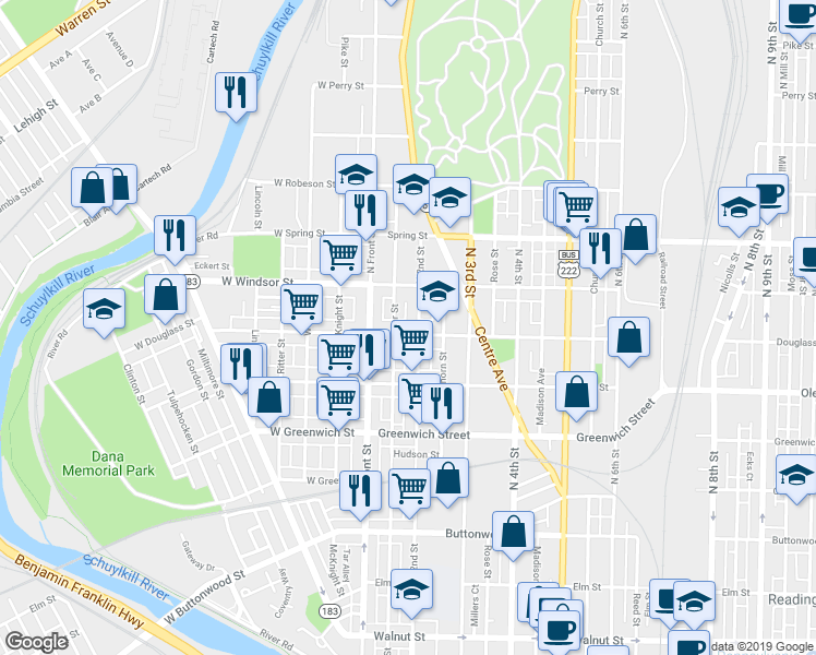 map of restaurants, bars, coffee shops, grocery stores, and more near 834 Pear Street in Reading