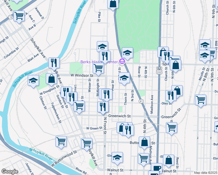 map of restaurants, bars, coffee shops, grocery stores, and more near 834 Pear Street in Reading