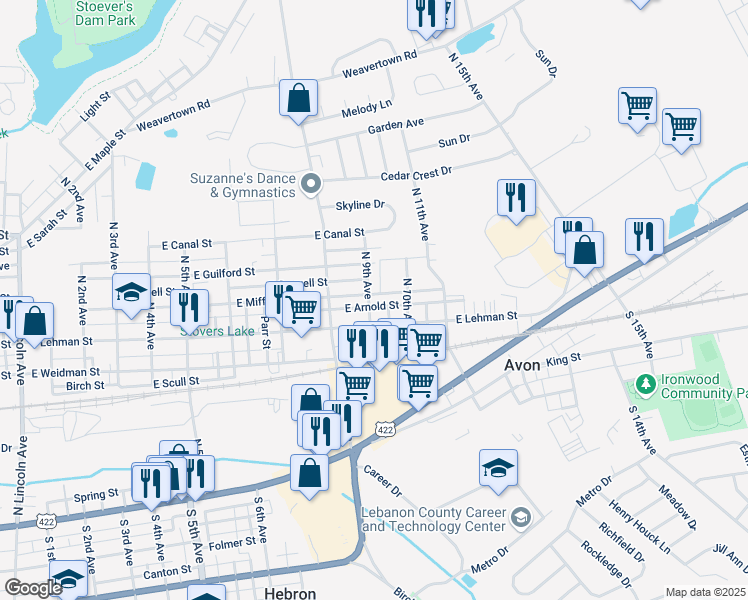 map of restaurants, bars, coffee shops, grocery stores, and more near 514 North 9th Avenue in Lebanon
