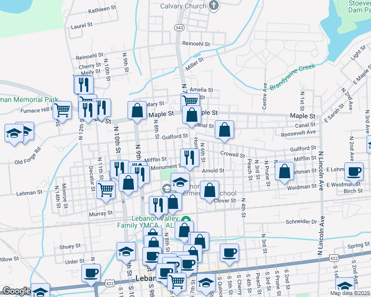 map of restaurants, bars, coffee shops, grocery stores, and more near 718 Guilford Street in Lebanon