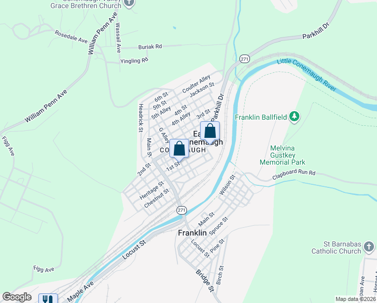 map of restaurants, bars, coffee shops, grocery stores, and more near 238 2nd Street in Johnstown