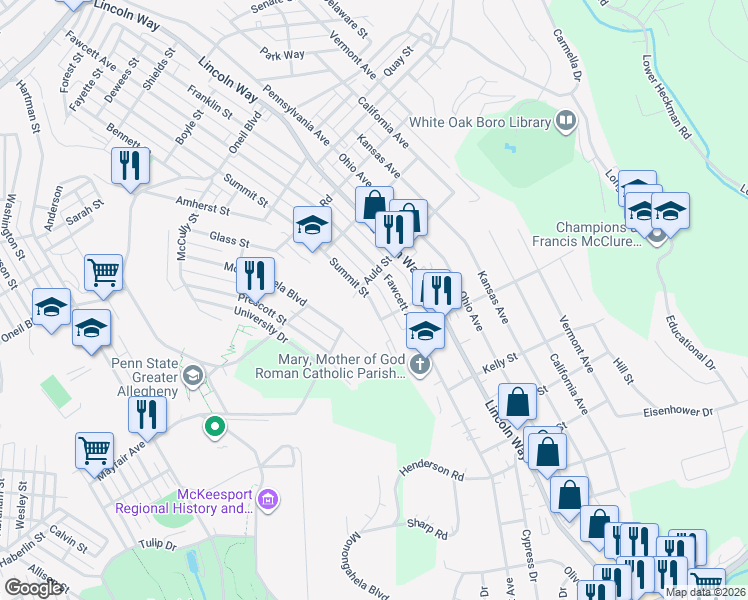 map of restaurants, bars, coffee shops, grocery stores, and more near 1504 Fawcett Avenue in White Oak