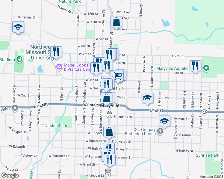 map of restaurants, bars, coffee shops, grocery stores, and more near 305 North Main Street in Maryville