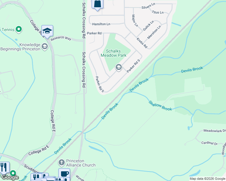map of restaurants, bars, coffee shops, grocery stores, and more near 90 Parker Road South in Plainsboro Township