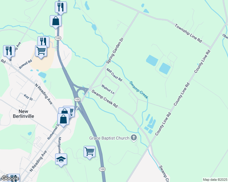 map of restaurants, bars, coffee shops, grocery stores, and more near 63 Mulberry Lane in Bechtelsville