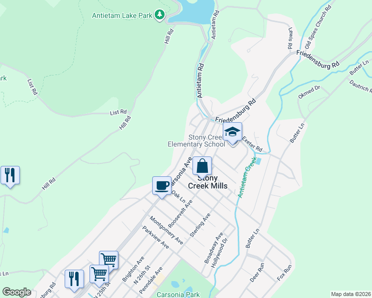 map of restaurants, bars, coffee shops, grocery stores, and more near 1403 Friedensburg Road in Reading