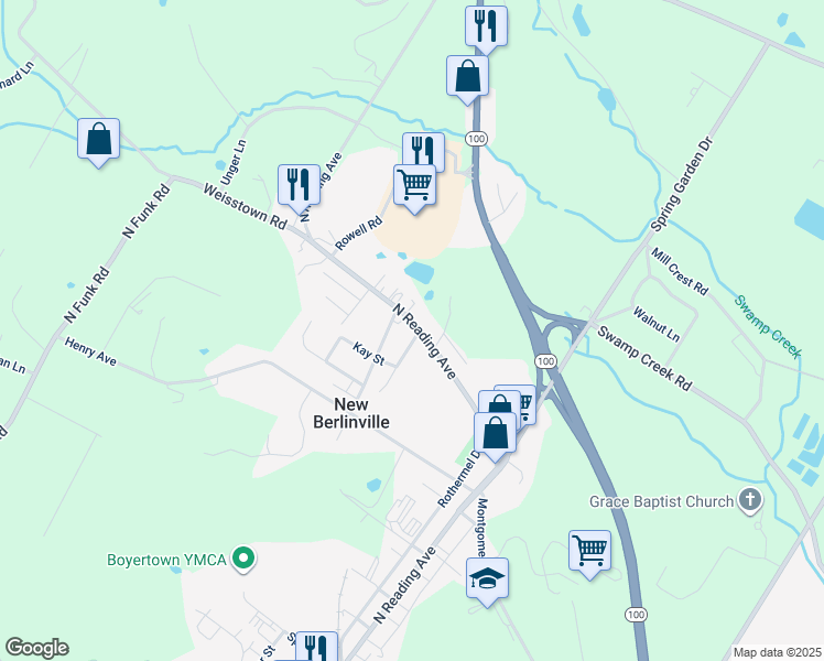 map of restaurants, bars, coffee shops, grocery stores, and more near 868C Reading Avenue in Boyertown