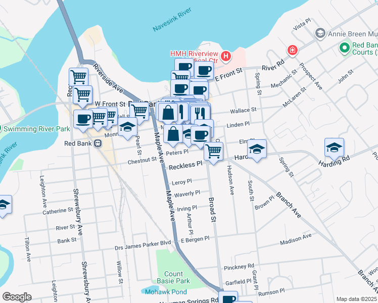 map of restaurants, bars, coffee shops, grocery stores, and more near 30 Peters Pl in Red Bank