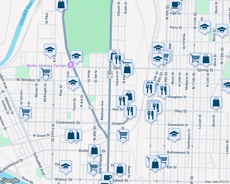 map of restaurants, bars, coffee shops, grocery stores, and more near 829 North 5th Street in Reading