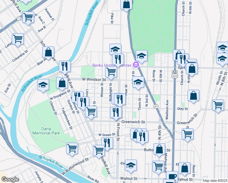 map of restaurants, bars, coffee shops, grocery stores, and more near 831 McKnight Street in Reading