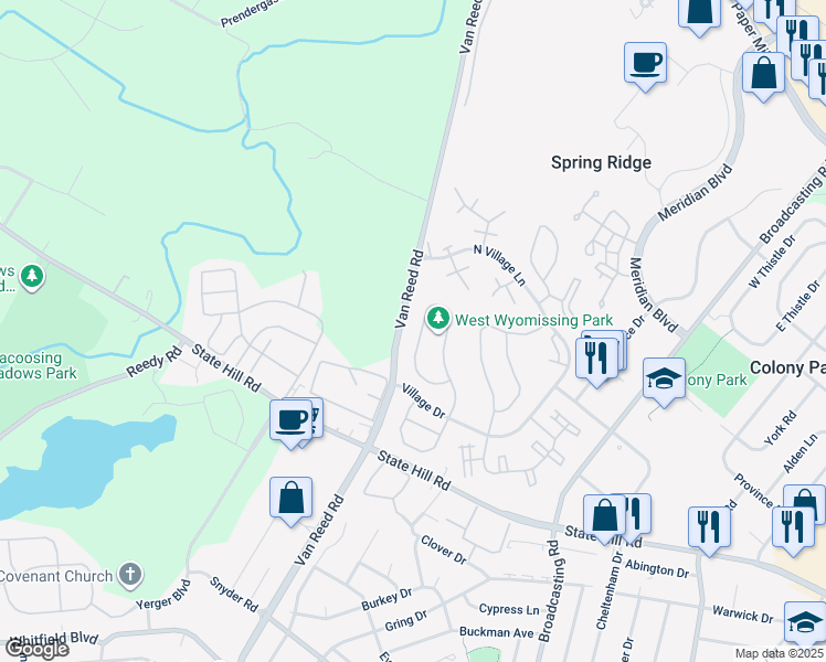 map of restaurants, bars, coffee shops, grocery stores, and more near 143 Lucinda Lane in Wyomissing