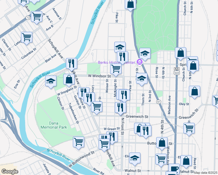 map of restaurants, bars, coffee shops, grocery stores, and more near 151 West Douglass Street in Reading