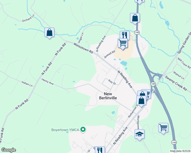 map of restaurants, bars, coffee shops, grocery stores, and more near 56 Villa Avenue in Boyertown