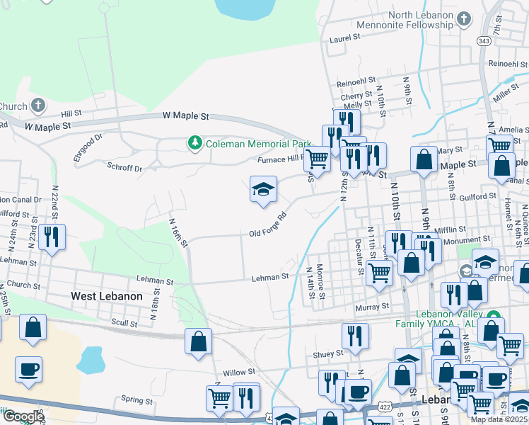 map of restaurants, bars, coffee shops, grocery stores, and more near 1315 Old Forge Road in Lebanon