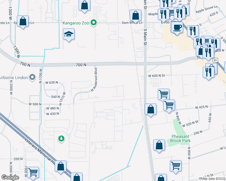 map of restaurants, bars, coffee shops, grocery stores, and more near 600 North Cornstalk Lane in Lindon