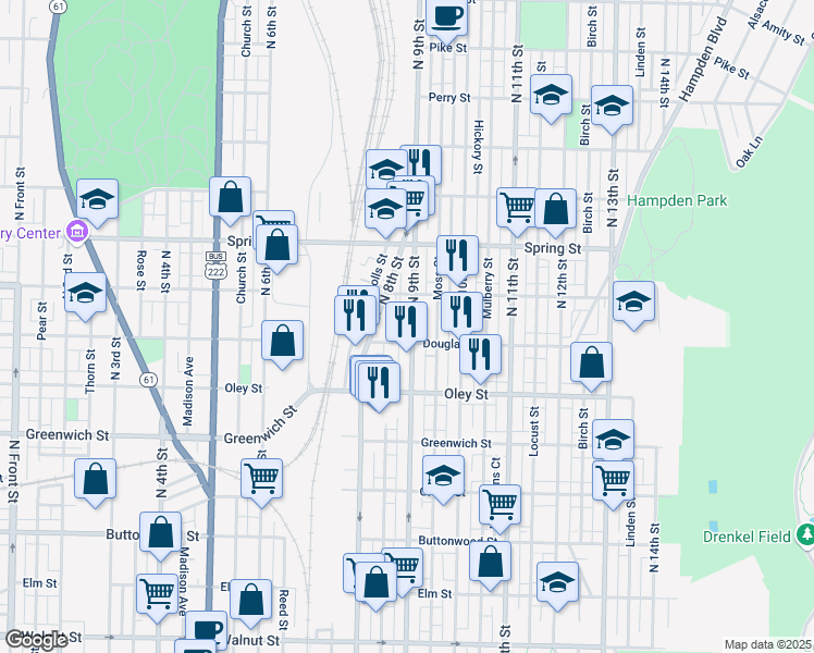 map of restaurants, bars, coffee shops, grocery stores, and more near 814 North 9th Street in Reading